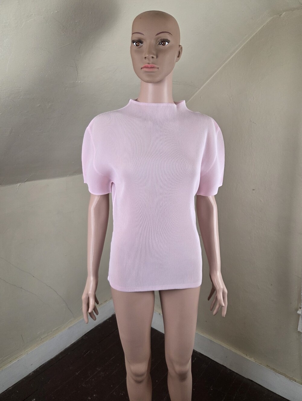 Issey Miyake Pleats Please Pink Pleated Mock Neck Top Women's US XL Size 5